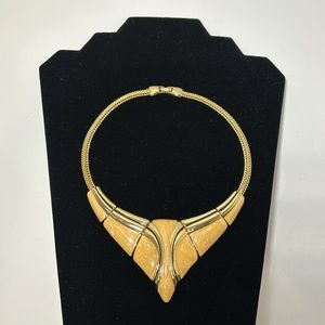 Choker Bib Necklace Enamel Gold Tone VTG Marbled Cream Enamel Statement Deco